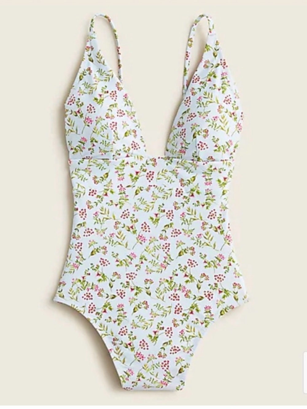 J. Crew Floral White One-Piece Swimsuit with Pink Berries and Green Leaves
